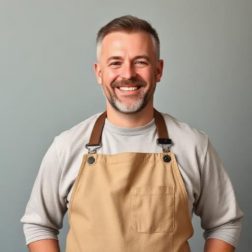 Portrait of Benny, the barber, smiling in a canvas apron